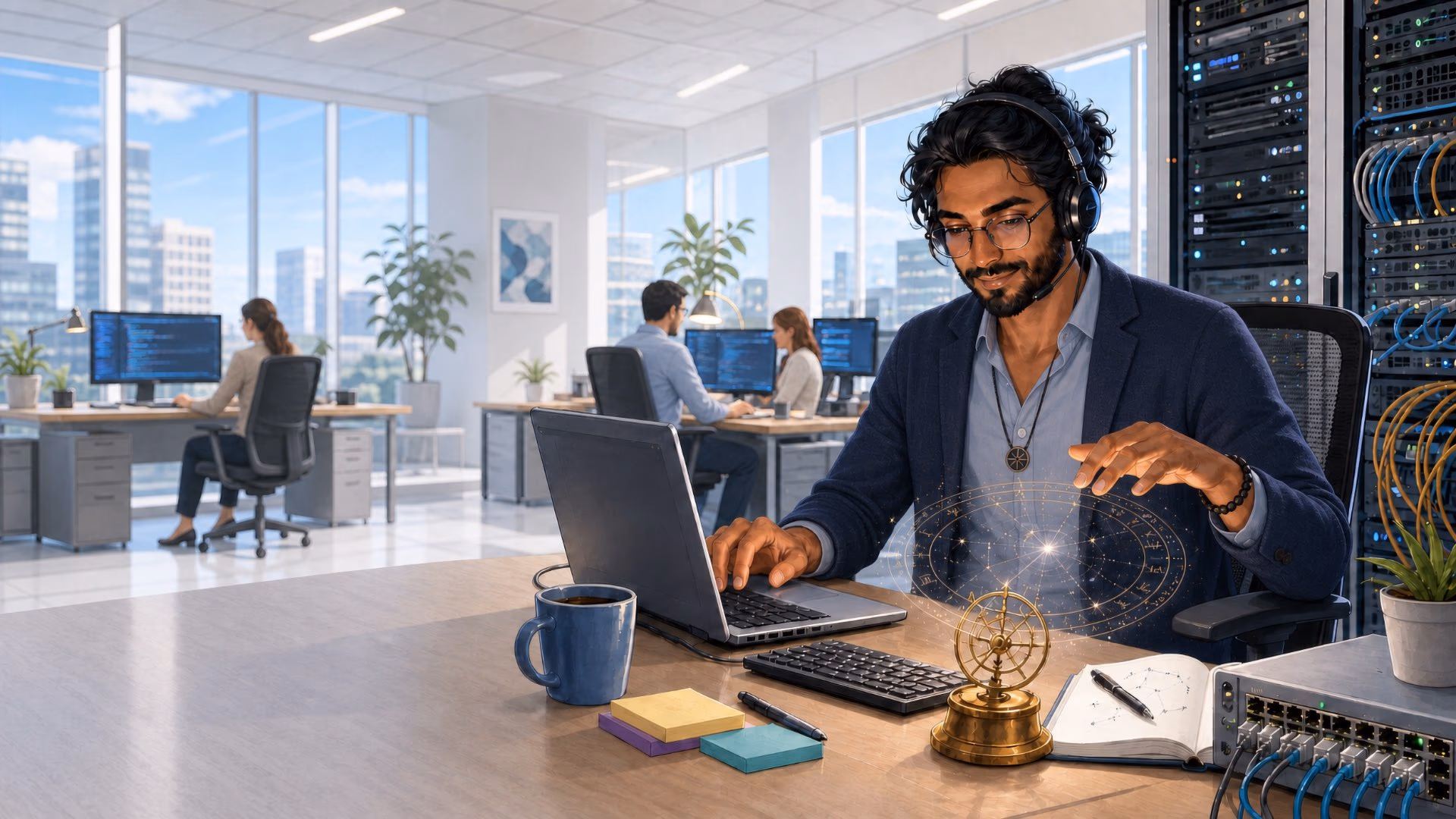 An office worker at a desk with a zodiac chart and a brass armillary sphere, in an open-plan office.